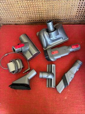 Dyson Gray Vacuum Tool Set with Red Buttons. All shown including cord
